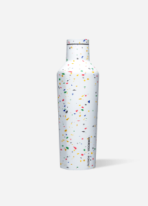 A white, metal waterbottle featuring a colourful, geometric terrazzo pattern